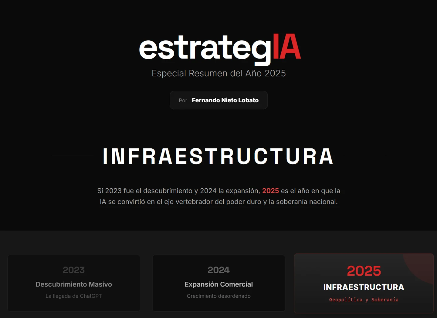 Opening panel of the estrategIA 2025 year-end summary: AI as infrastructure, with a three-year progression from discovery to commercial expansion and sovereignty.
