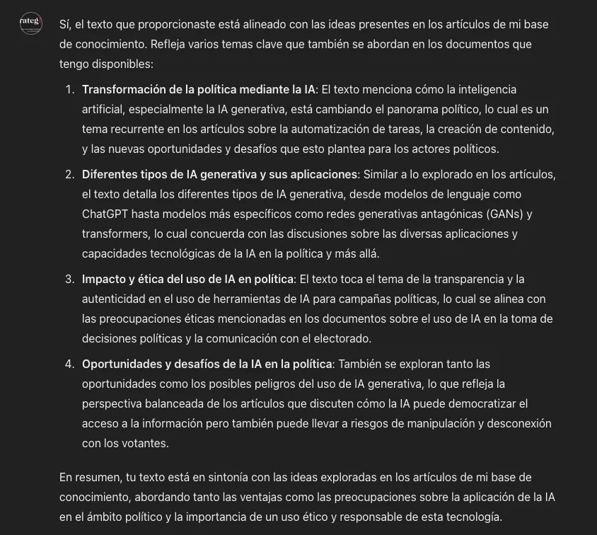 The custom GPT assesses the article against four themes in its knowledge base; the full response is translated below.