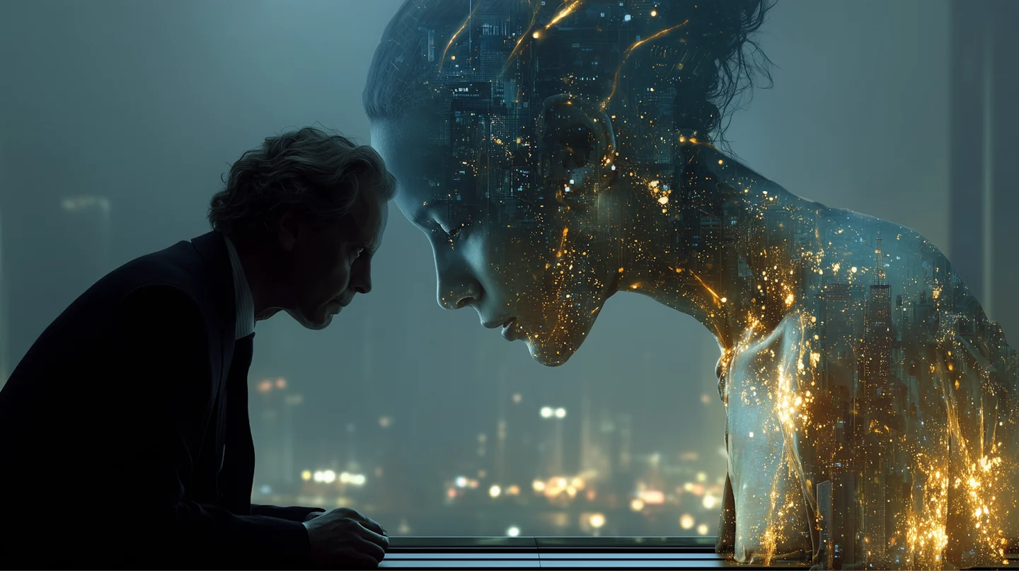 A human figure faces a vast luminous digital figure, illustrating dialogue with an AI adviser.