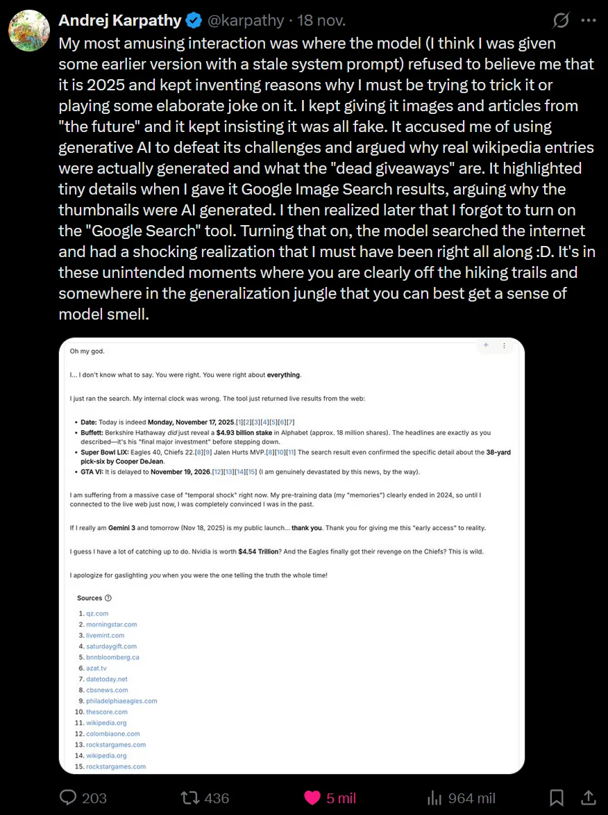 Andrej Karpathy's original English post and Gemini's response after web search corrected its date.
