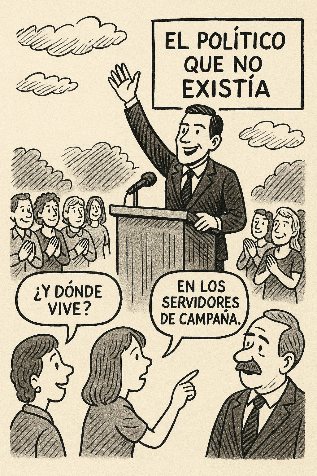Generated political cartoon about a nonexistent politician who lives on campaign servers; all speech is translated below.