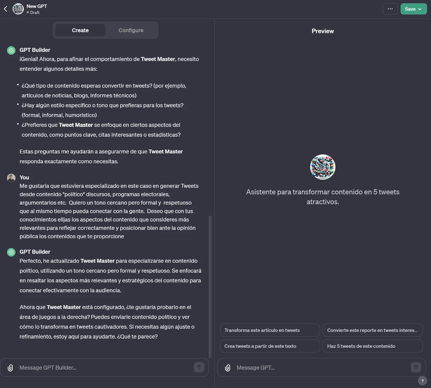 The GPT Builder asks about content, tone and priorities; the user specifies political material and a warm, formal, respectful tone, and the builder confirms the configuration.