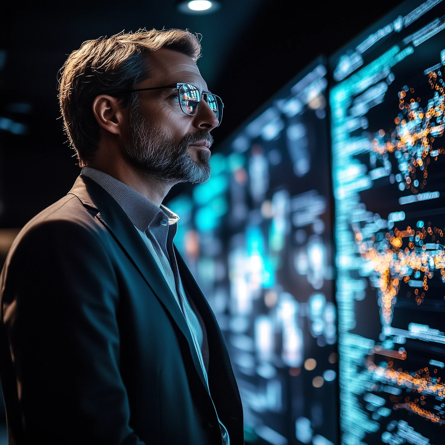 Illustration of an official contemplating a wall of illuminated information displays.