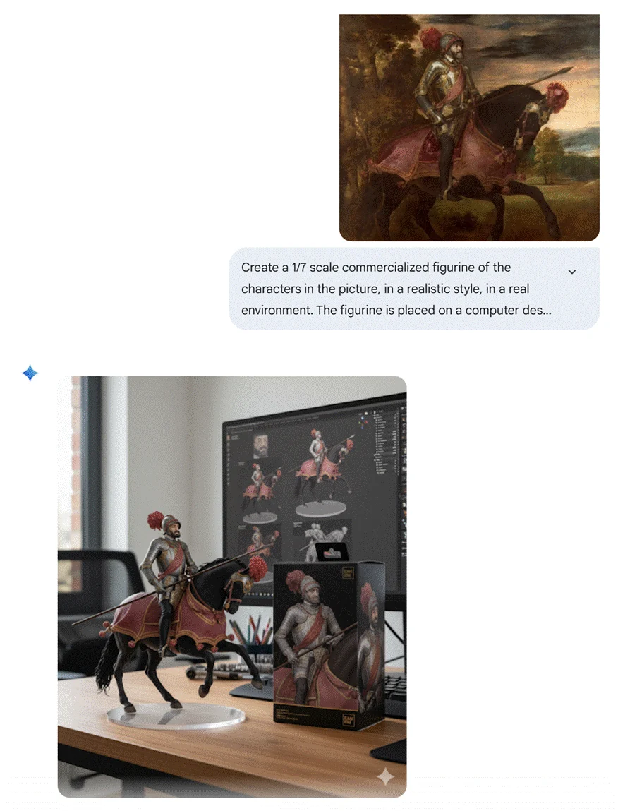 Screenshot turning a painting of an armoured horseman into a collectible figurine on a computer desk.