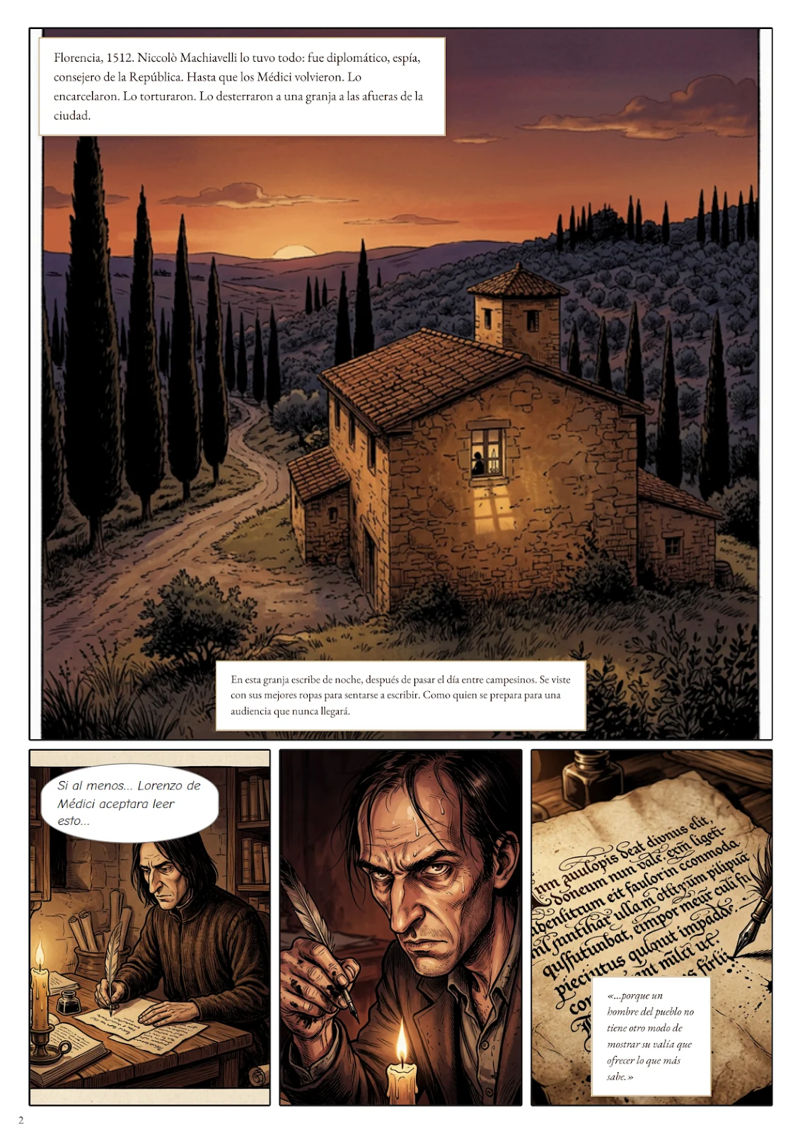 Second comic page showing Machiavelli in exile and translating all narrative panels below.
