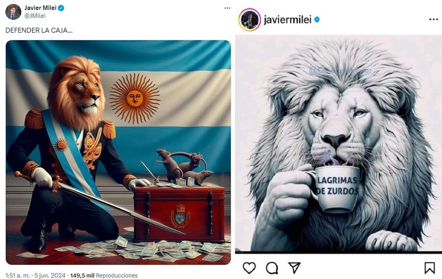 Synthetic lion imagery in Javier Milei posts: a lion guarding cash and a lion with a mug labelled Leftists' tears; the visible slogans are translated below.