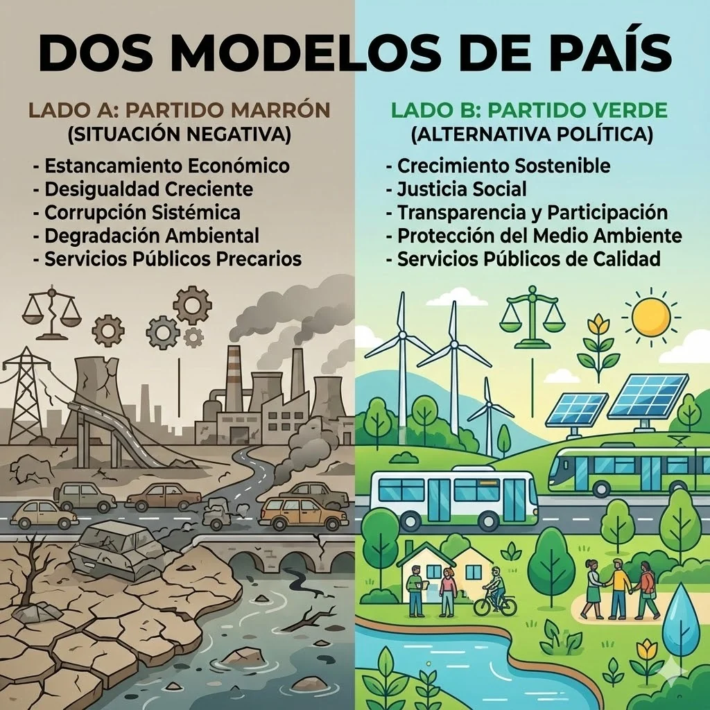Generated comparison poster contrasting a brown-party scenario with a green-party alternative.