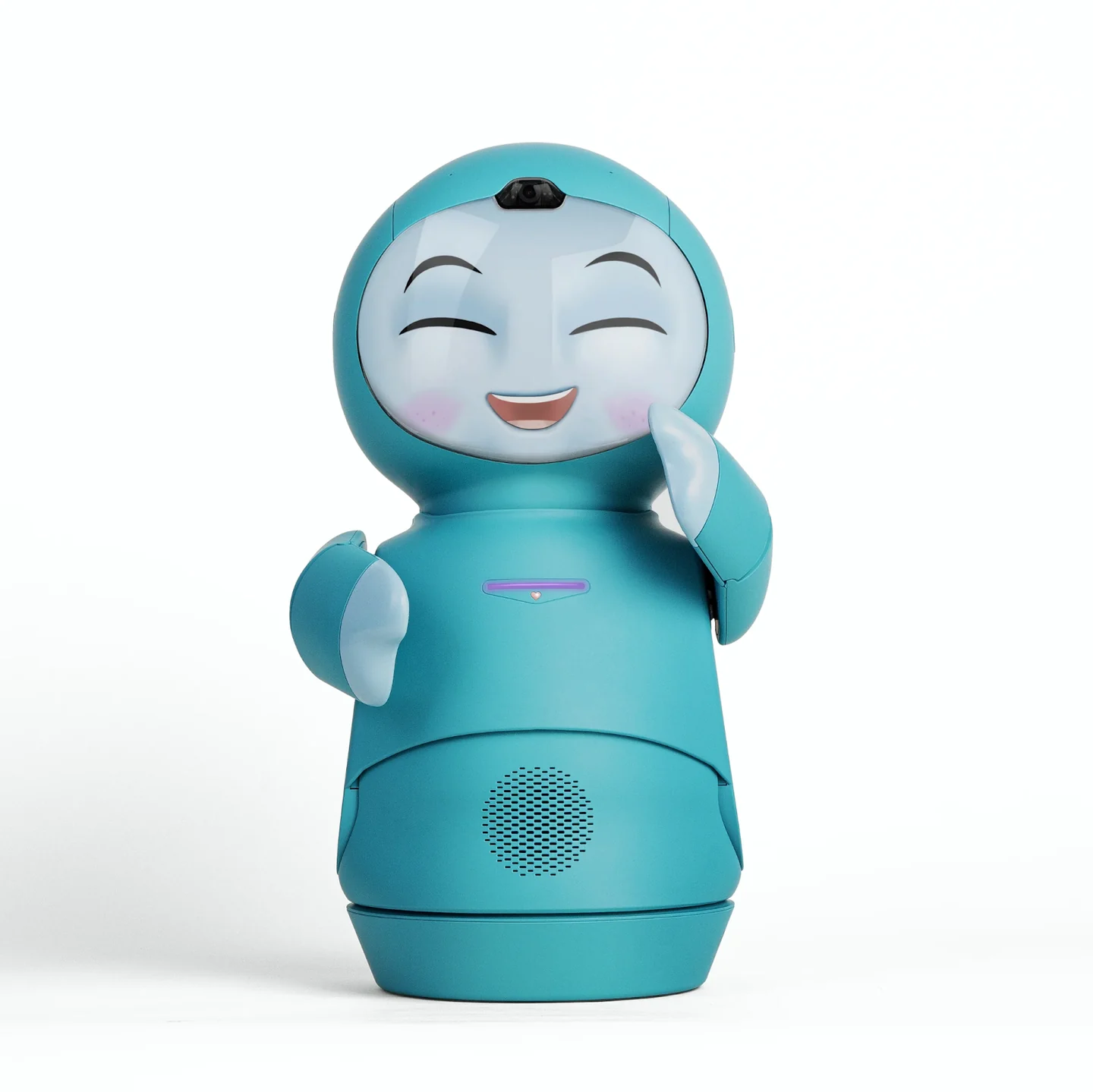 The turquoise Moxie robot, with raised arms and a smiling face on its display.