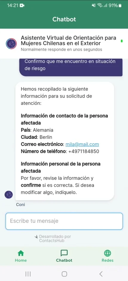 Chatbot displays collected contact information and asks the user to confirm or amend it; substantive text translated below.