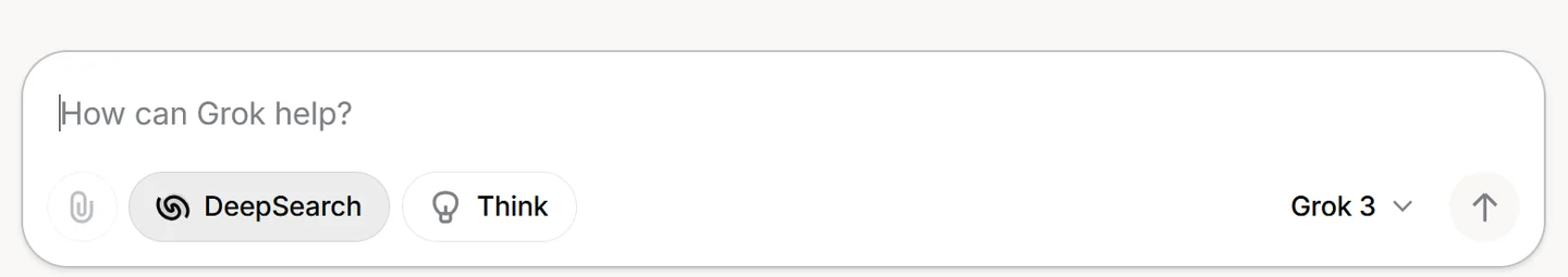 Grok 3's English input box, with DeepSearch selected and Think beside it.