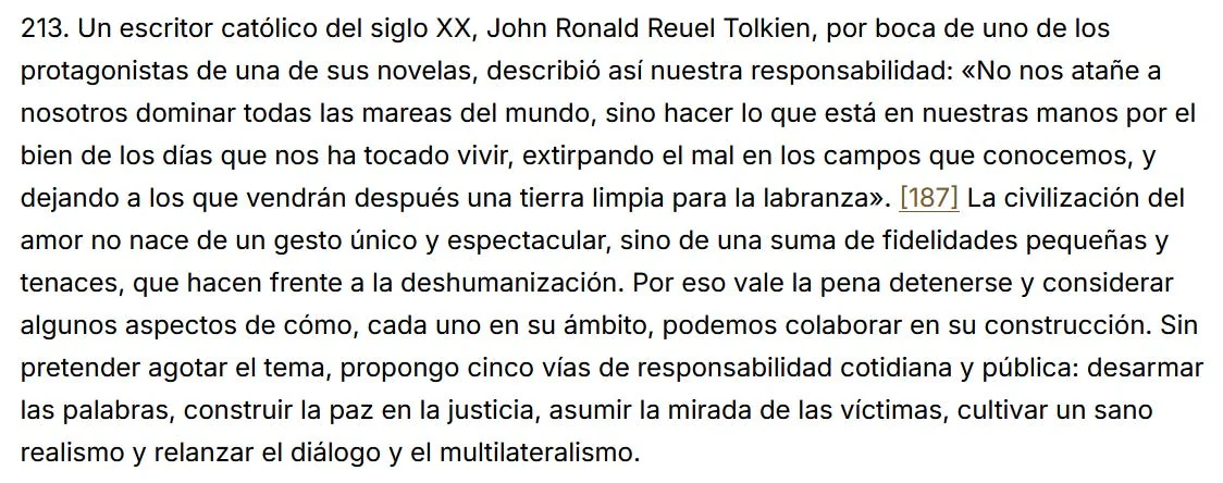 Spanish paragraph 213 of the encyclical, quoting Tolkien and setting out five paths of responsibility.