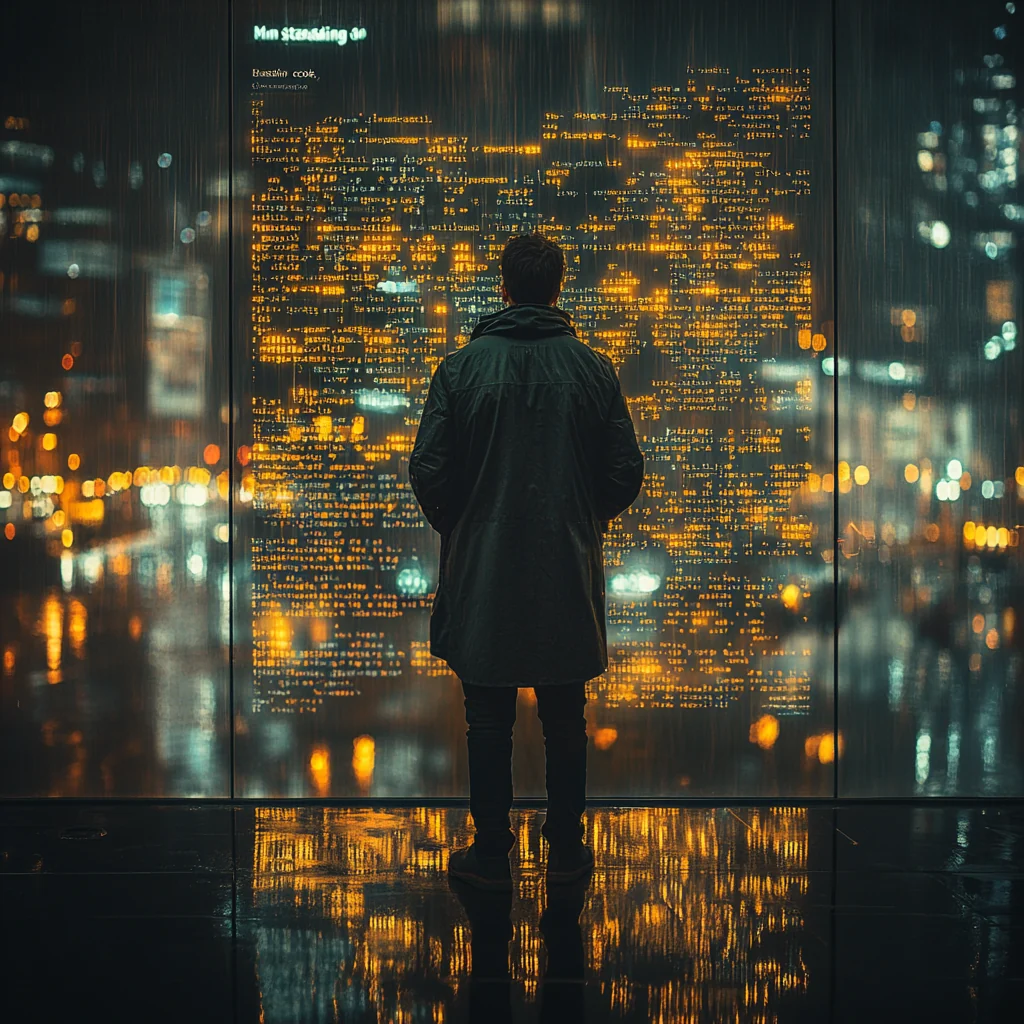Illustration of a solitary man contemplating a towering display of code against a rainy city at night.