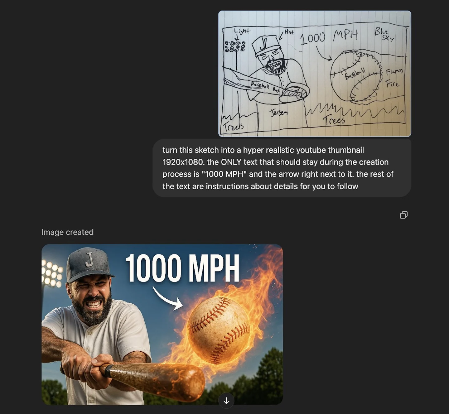 ChatGPT screenshot turning an annotated baseball sketch into a realistic thumbnail labelled 1000 MPH; the complete prompt and sketch labels are transcribed below.