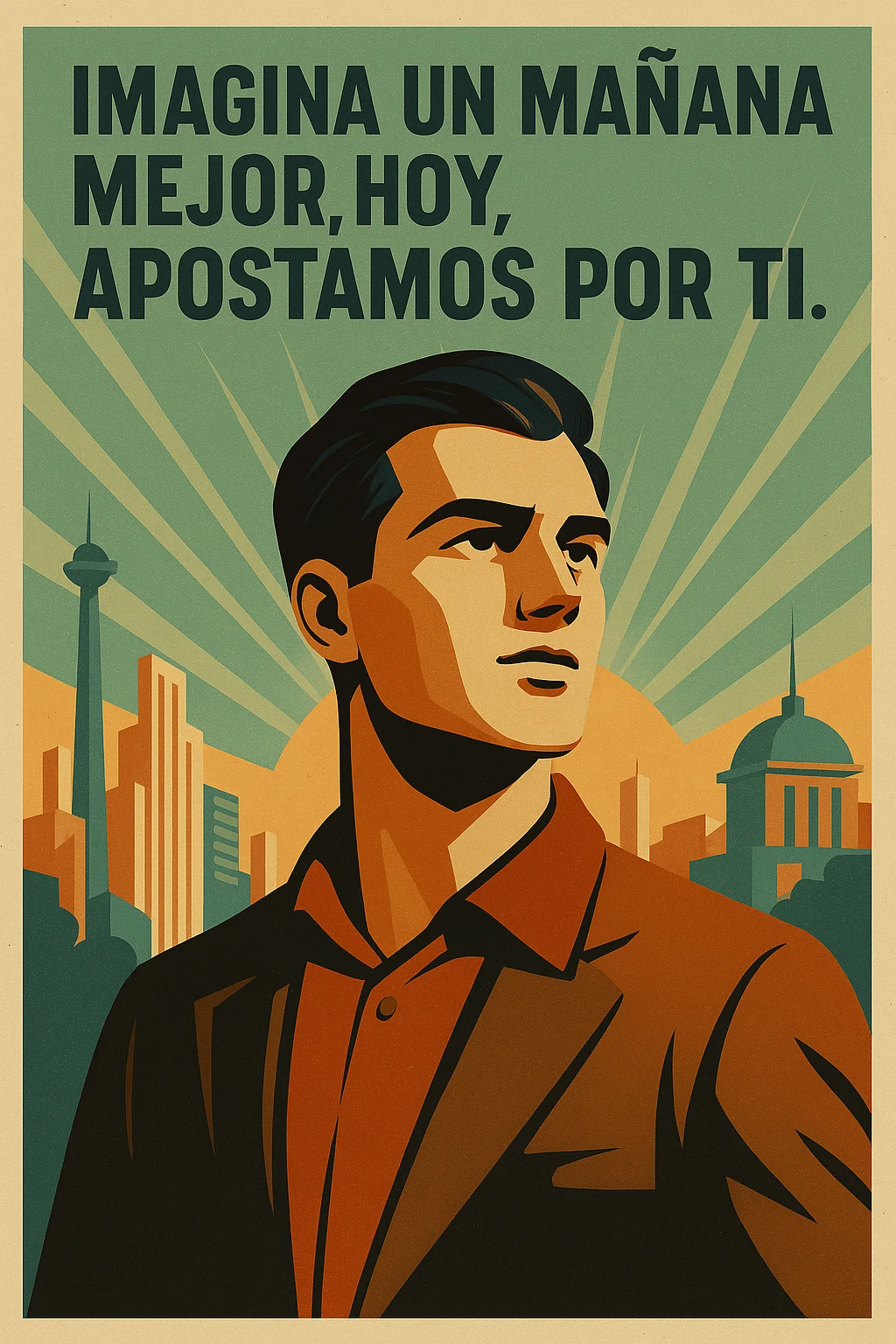 Retrofuturist campaign-poster example with a fictional illustrated figure; the Spanish slogan is translated below.