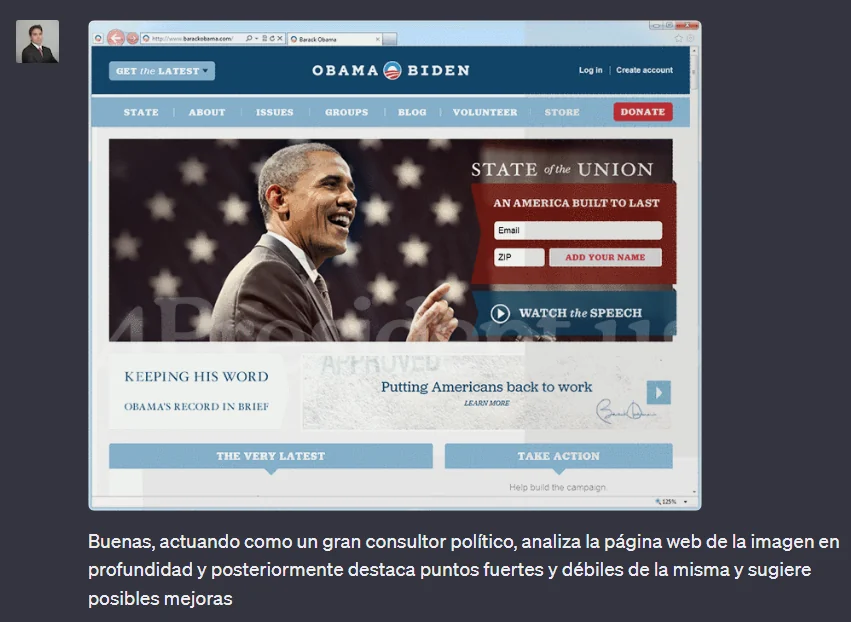 Screenshot of the Obama–Biden campaign website, with a photograph of Obama, State of the Union material and donation links, followed by the author's Spanish analysis prompt.