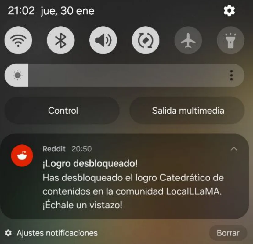 Phone screenshot showing a Reddit achievement notification for participation in LocalLLaMA; the notification is translated below.