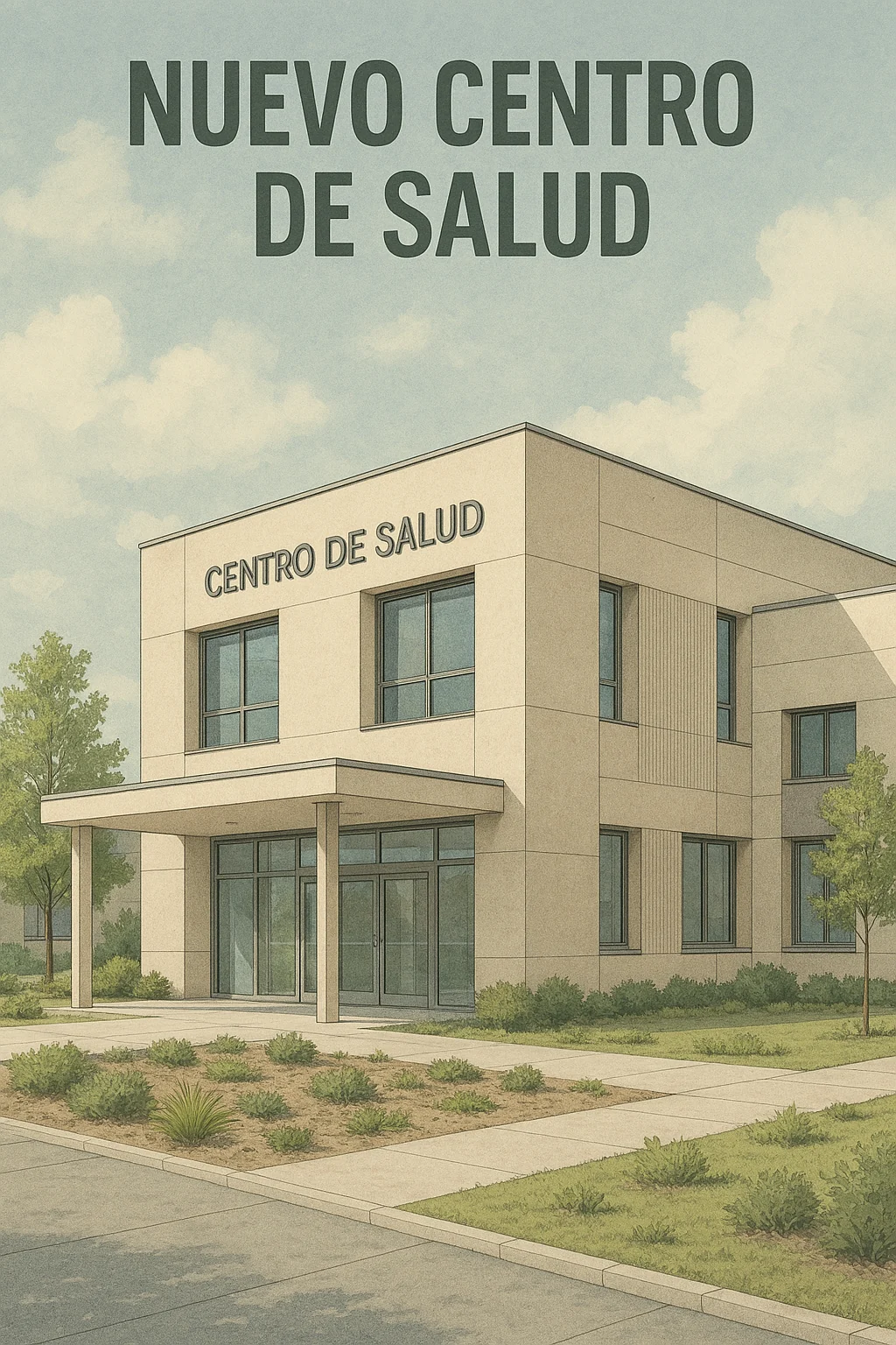 Generated concept poster headed New health centre, showing a building labelled Health centre.