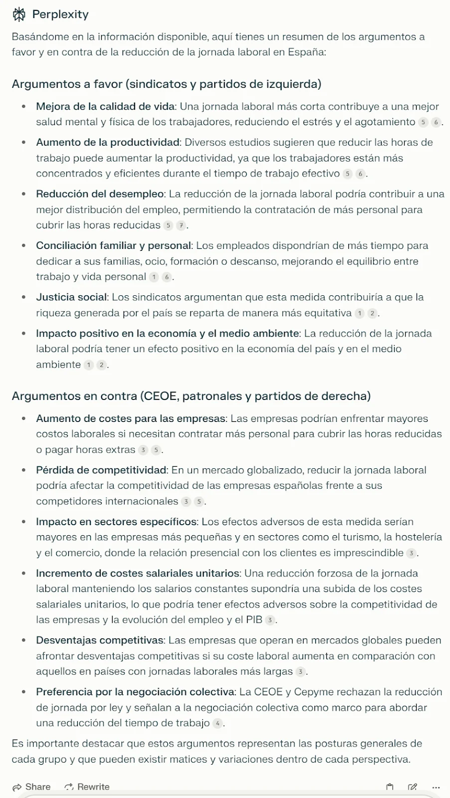 Perplexity’s Spanish briefing on arguments for and against reducing working hours in Spain; a full English translation follows.