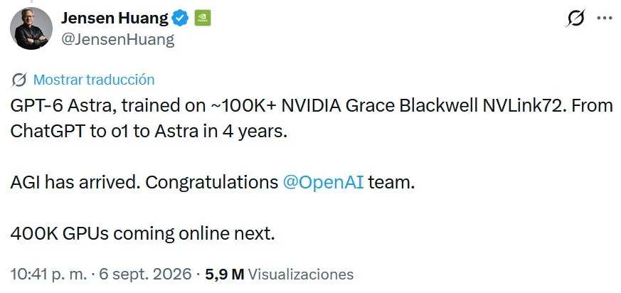 Screenshot of Jensen Huang’s English post about GPT-6 Astra, training GPUs and AGI, dated 6 September 2026; transcription follows.
