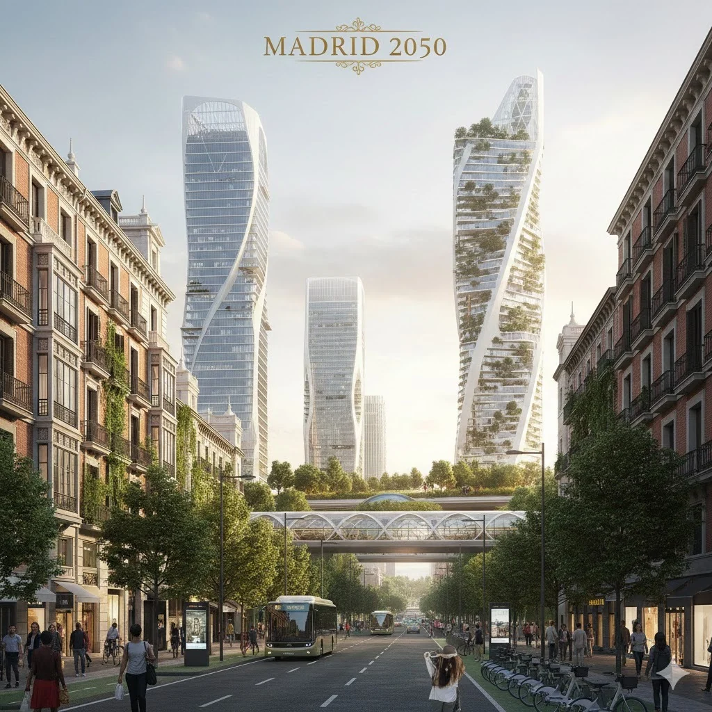 Generated Madrid 2050 street scene combining older buildings, futuristic towers, greenery and transport.