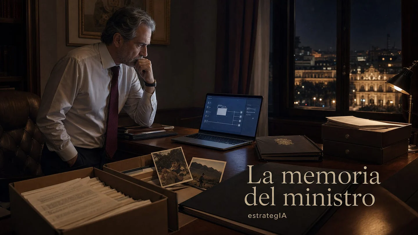 An outgoing minister beside boxes, personal photographs and a computer displaying linked files at night.