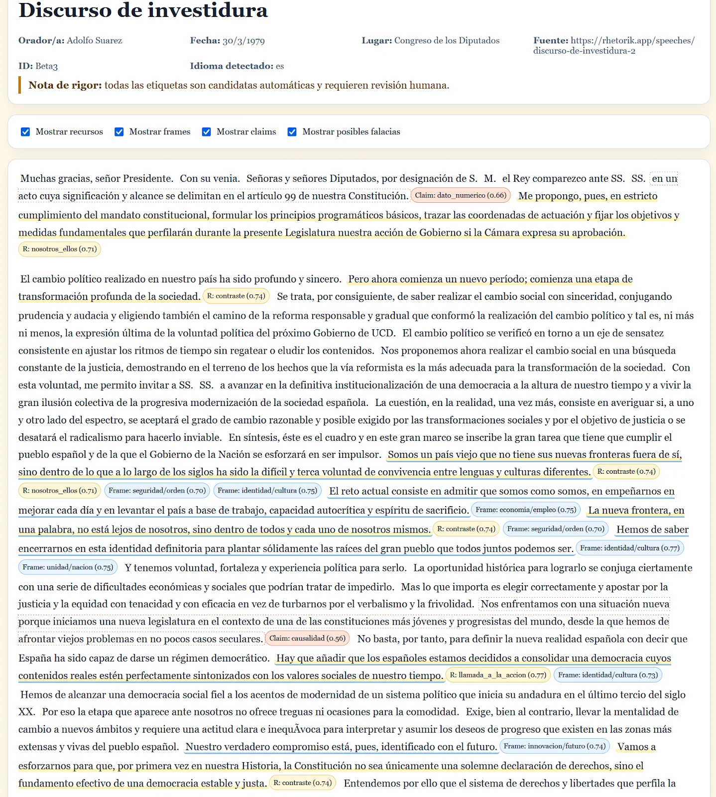 Annotated investiture speech with candidate rhetorical labels and scores.