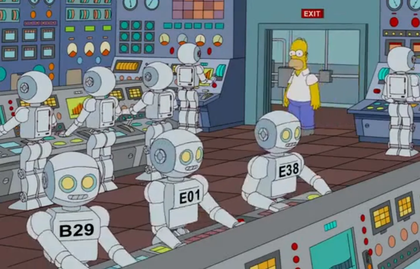 Homer surrounded by robot workers in the nuclear control room.