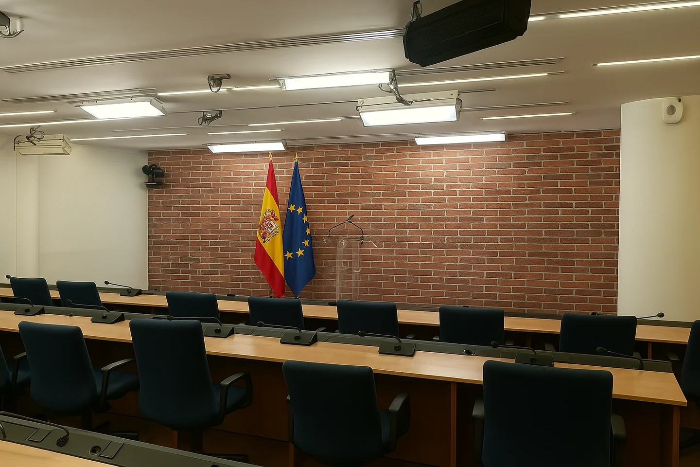 Larger generated visualisation of the press room with a brick backdrop, lectern and flags.