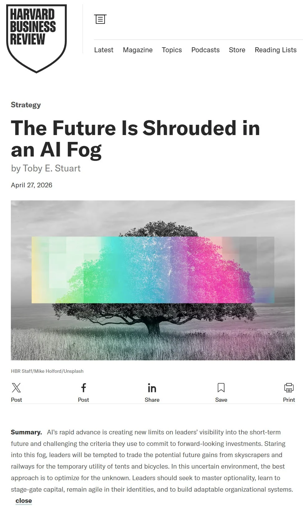 Harvard Business Review screenshot of Toby E. Stuart's article The Future Is Shrouded in an AI Fog, dated 27 April 2026.