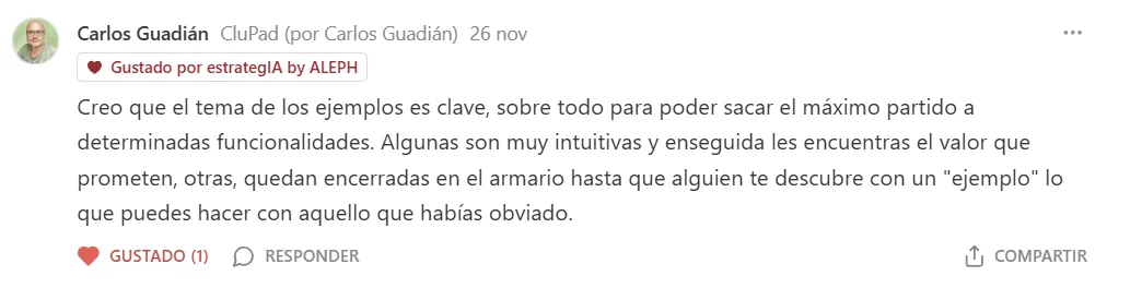 Carlos Guadián's comment on the importance of examples for discovering useful features.
