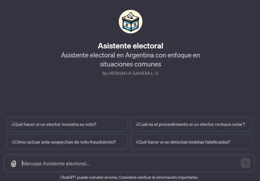 The Argentine Asistente electoral GPT, with four suggested questions about voting procedures.