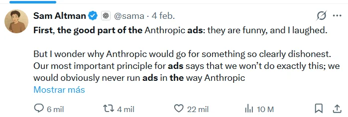 Cropped Sam Altman post responding to Anthropic’s advertisements, with its visible English excerpt transcribed below.