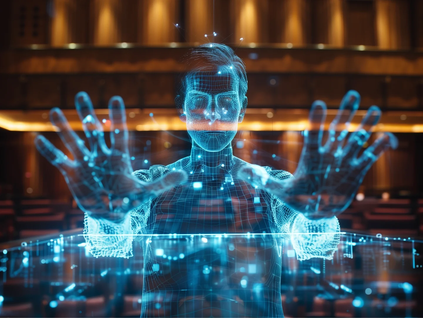 Illustration of the holographic governor gesturing emphatically with both hands.