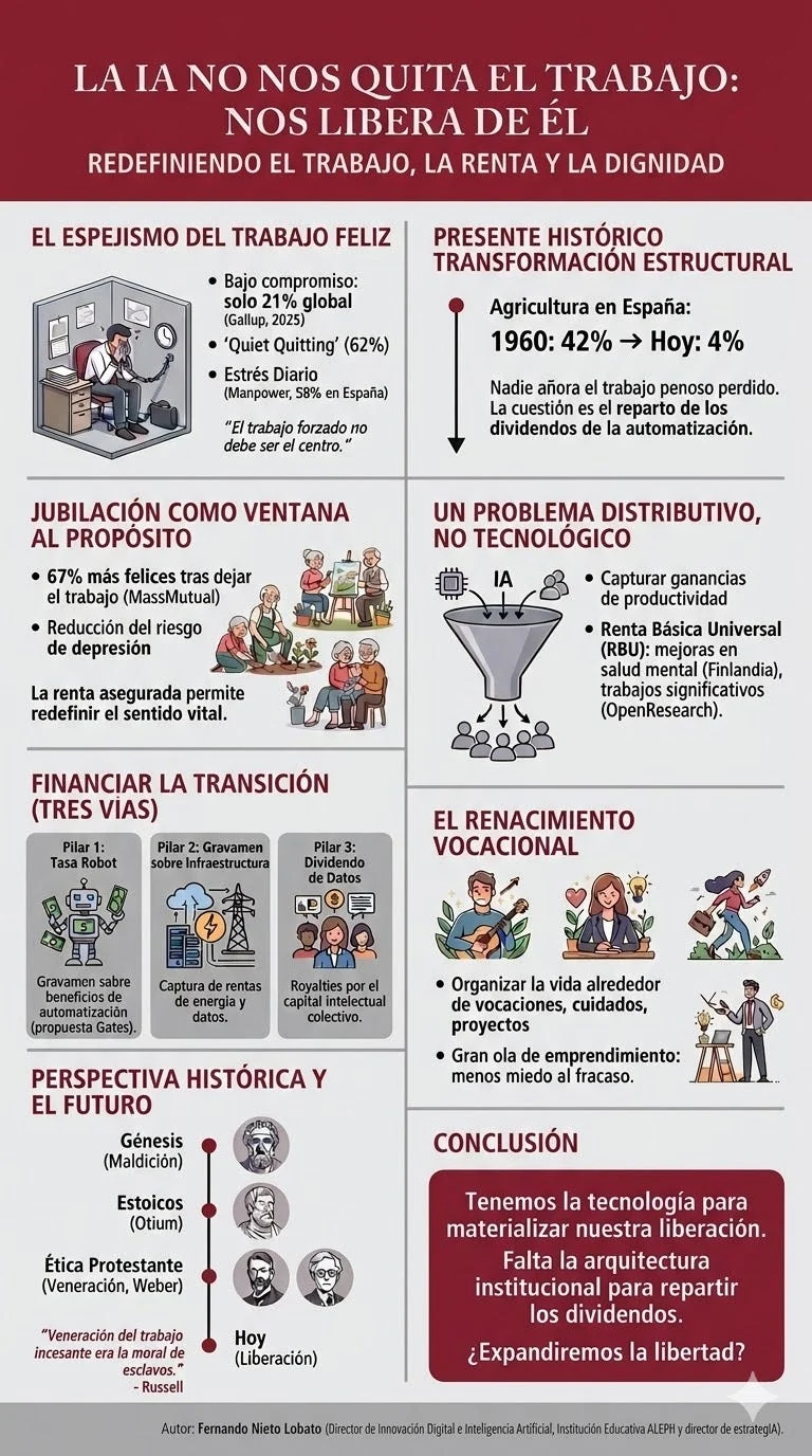 Infographic arguing that AI could free people from compulsory work, covering job engagement, retirement, income distribution, transition funding and freedom. Its complete English text alternative notes discrepancies with the article.
