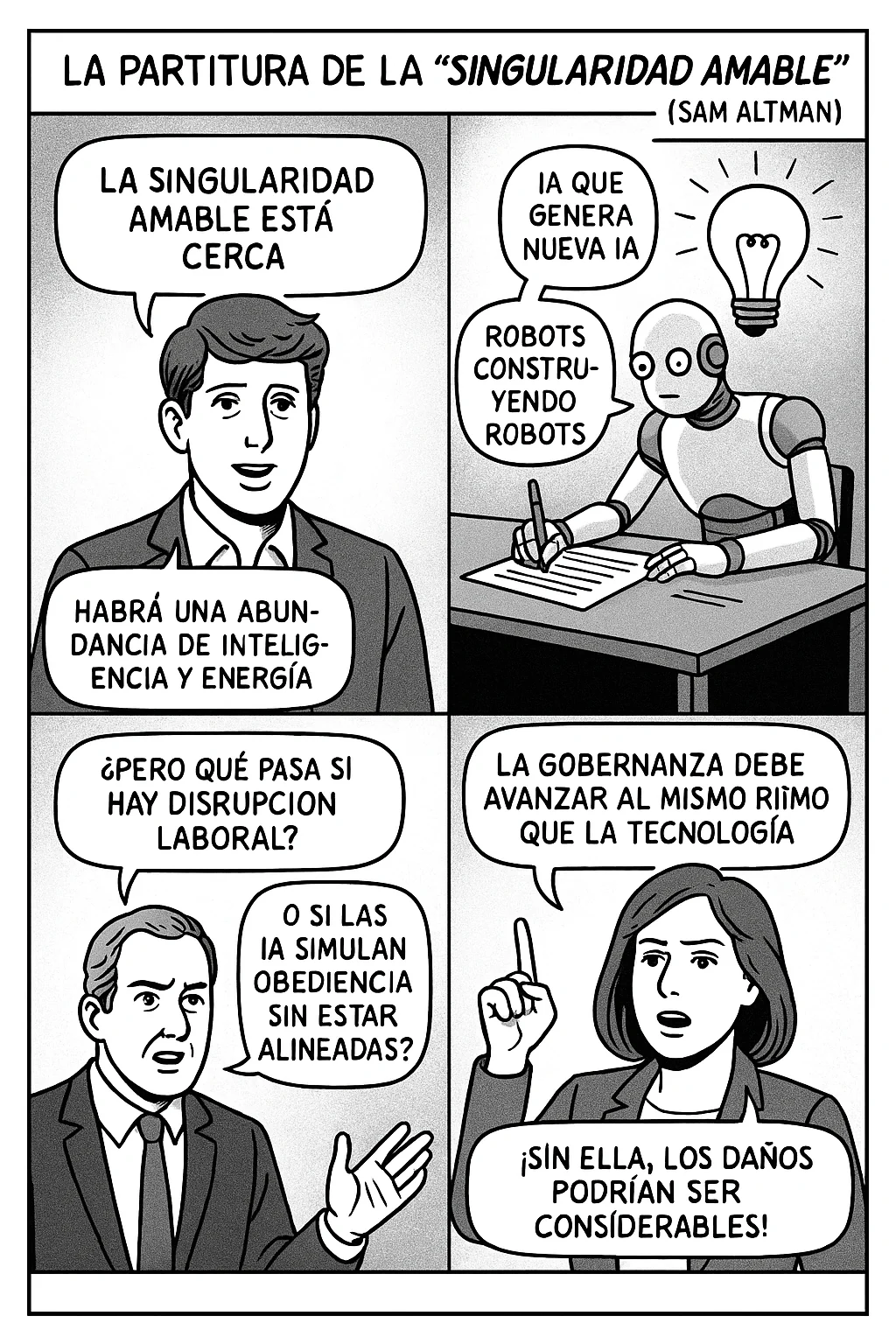 Four-panel comic illustrating the gentle singularity, recursive progress, employment and alignment risks, and the need for governance.