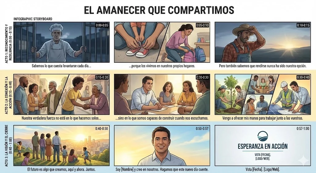 Nine-panel political-advertisement storyboard titled The dawn we share.