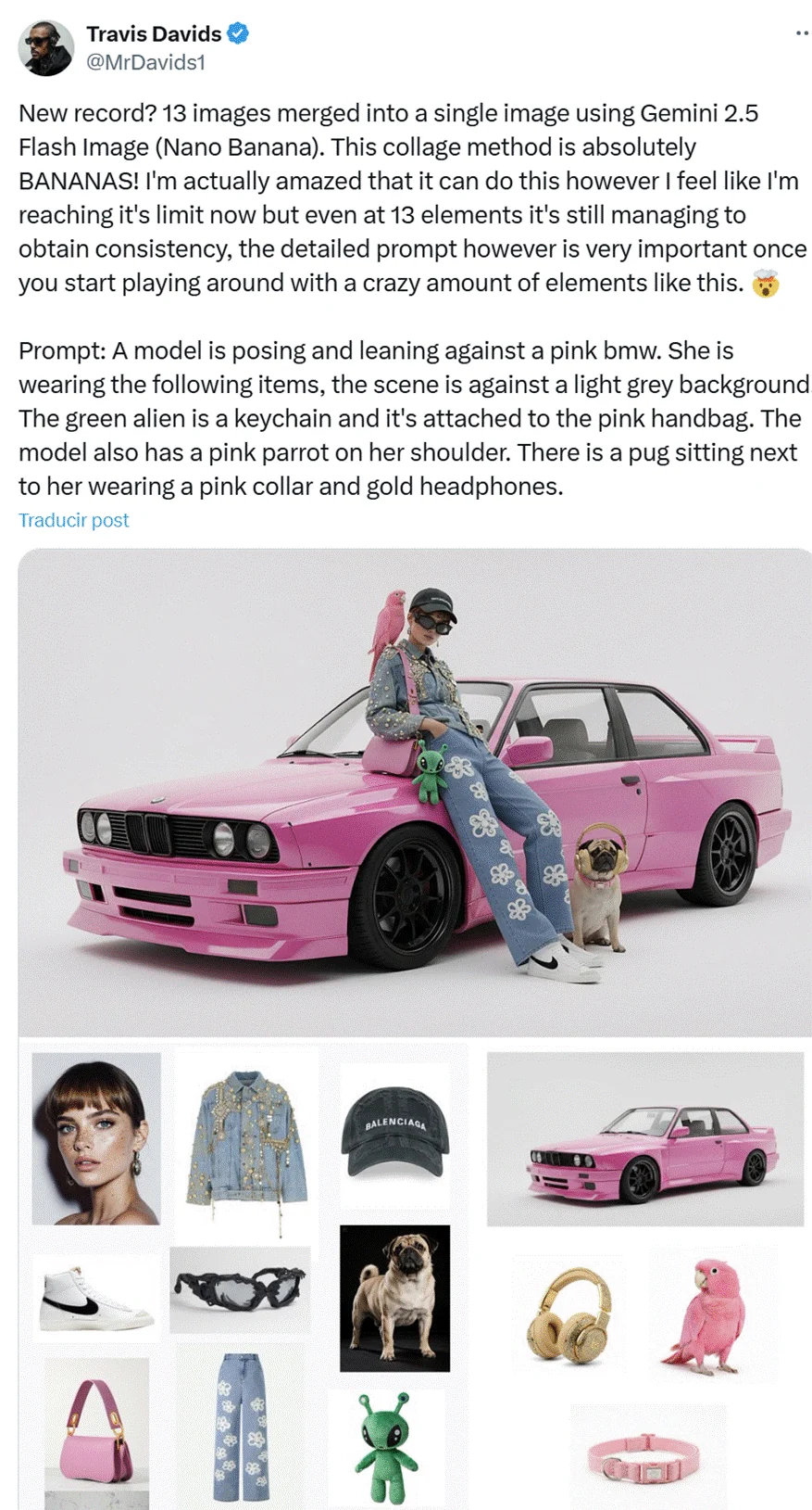 Travis Davids post showing thirteen reference images combined into a fashion scene beside a pink car.