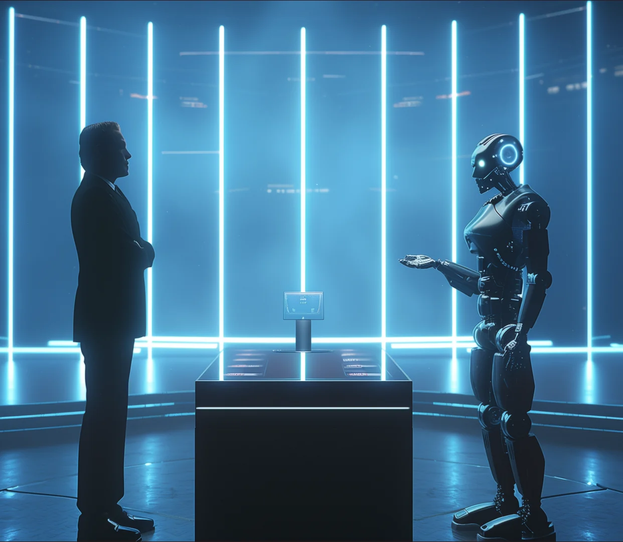 Illustration of a human candidate facing a humanoid robot across a futuristic illuminated debating space.
