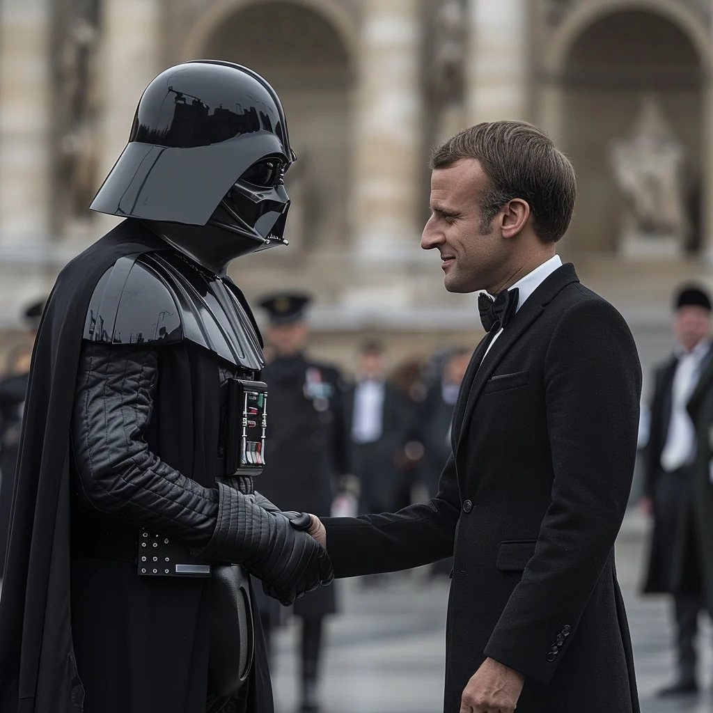 AI-generated fictional, humorous scene of Macron shaking hands with Darth Vader.