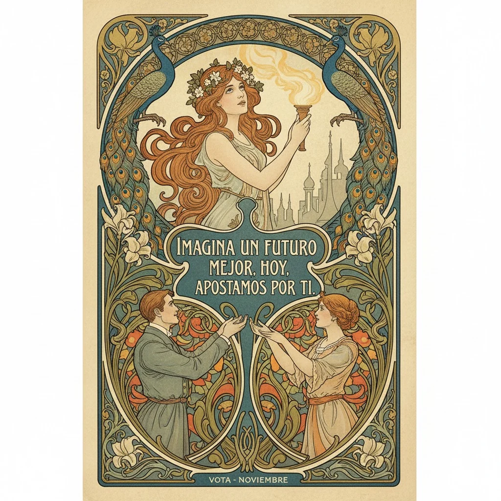 Generated Art Nouveau election poster with a woman, floral decoration and peacocks.
