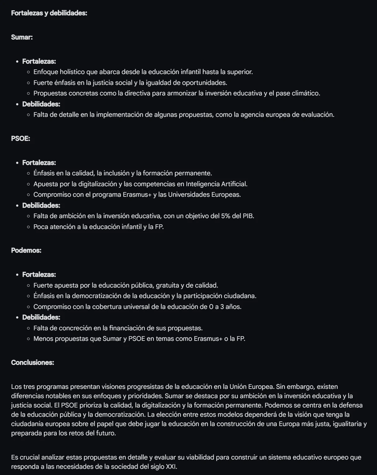 Model-generated strengths, weaknesses and conclusions for the three parties, fully translated below.
