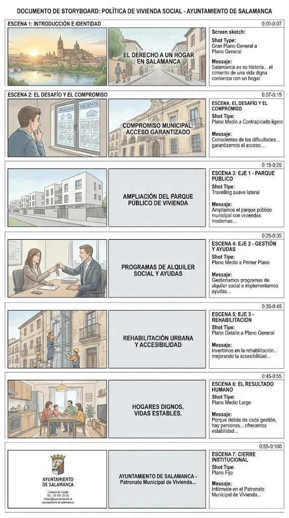 Seven-scene generated storyboard about social-housing policy at Salamanca City Council.