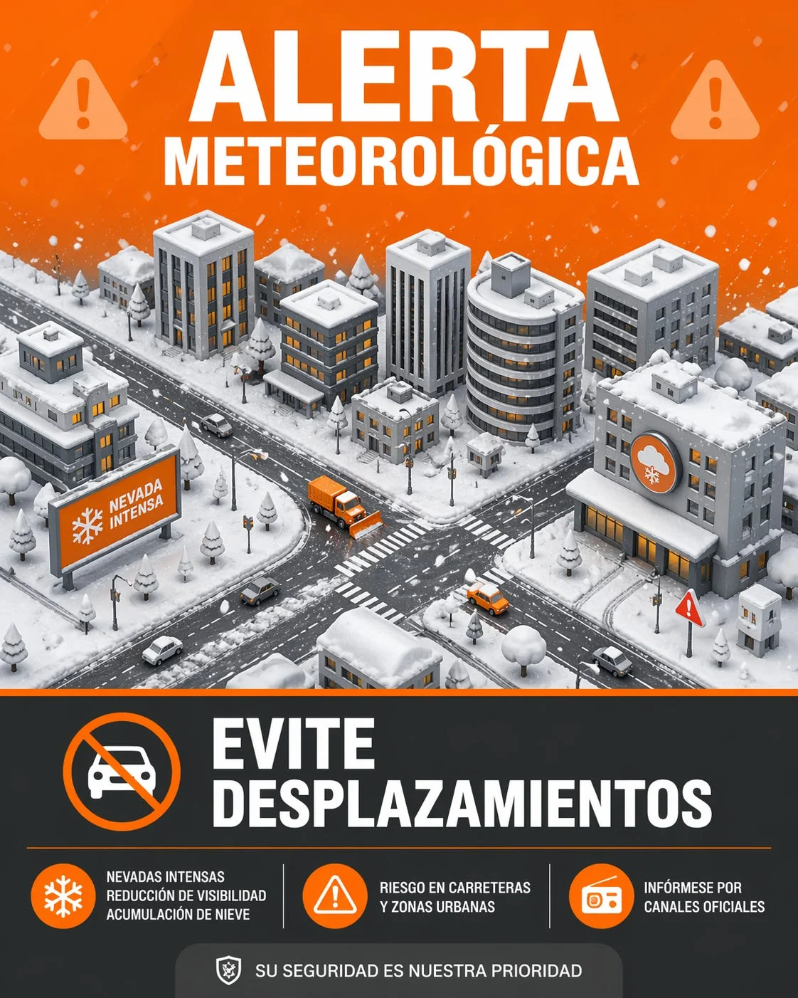 Generated orange weather-alert poster showing a snowy city and advice to avoid travel.