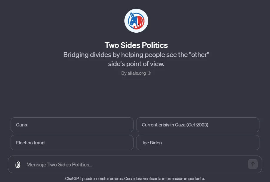 Two Sides Politics presents contrasting perspectives and suggested political topics.