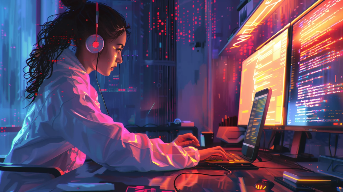 Illustration of a young programmer working at a bank of brightly lit computer screens.