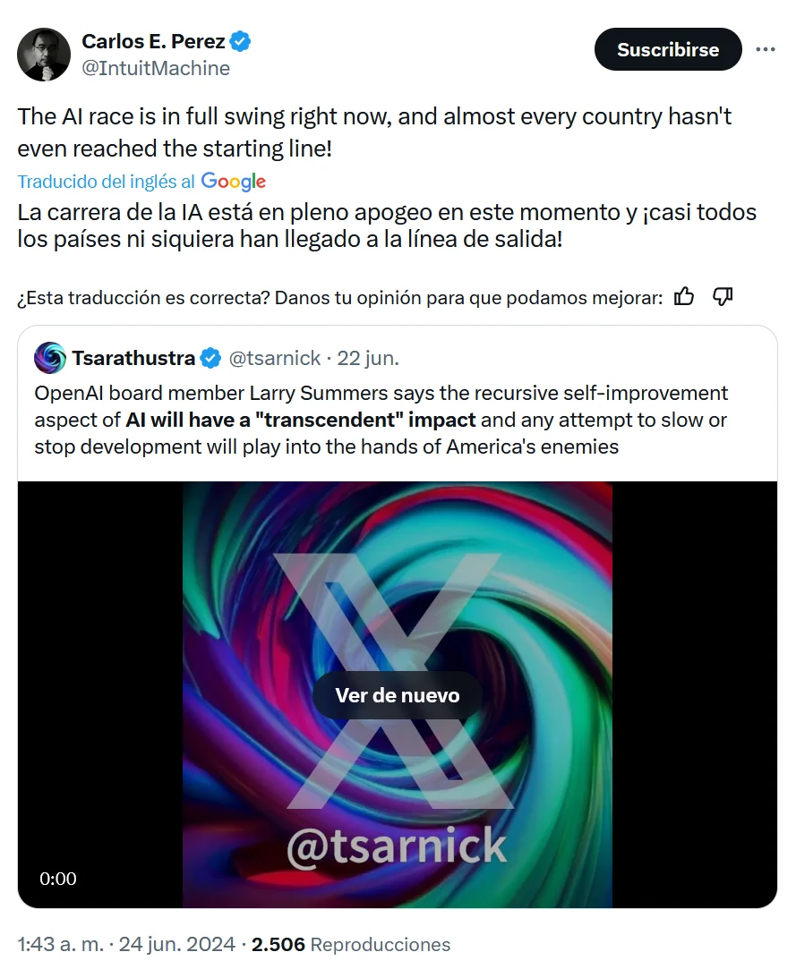 Carlos E. Perez's post about countries falling behind in the AI race, quoting a post about Larry Summers and recursive self-improvement.