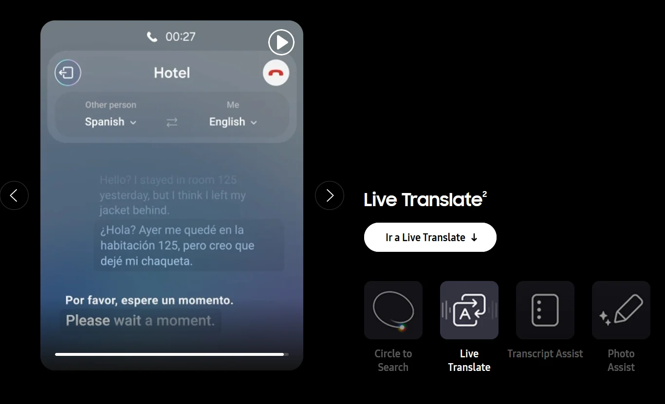 Samsung Live Translate demonstrates a telephone call between an English speaker and a Spanish-speaking hotel employee.
