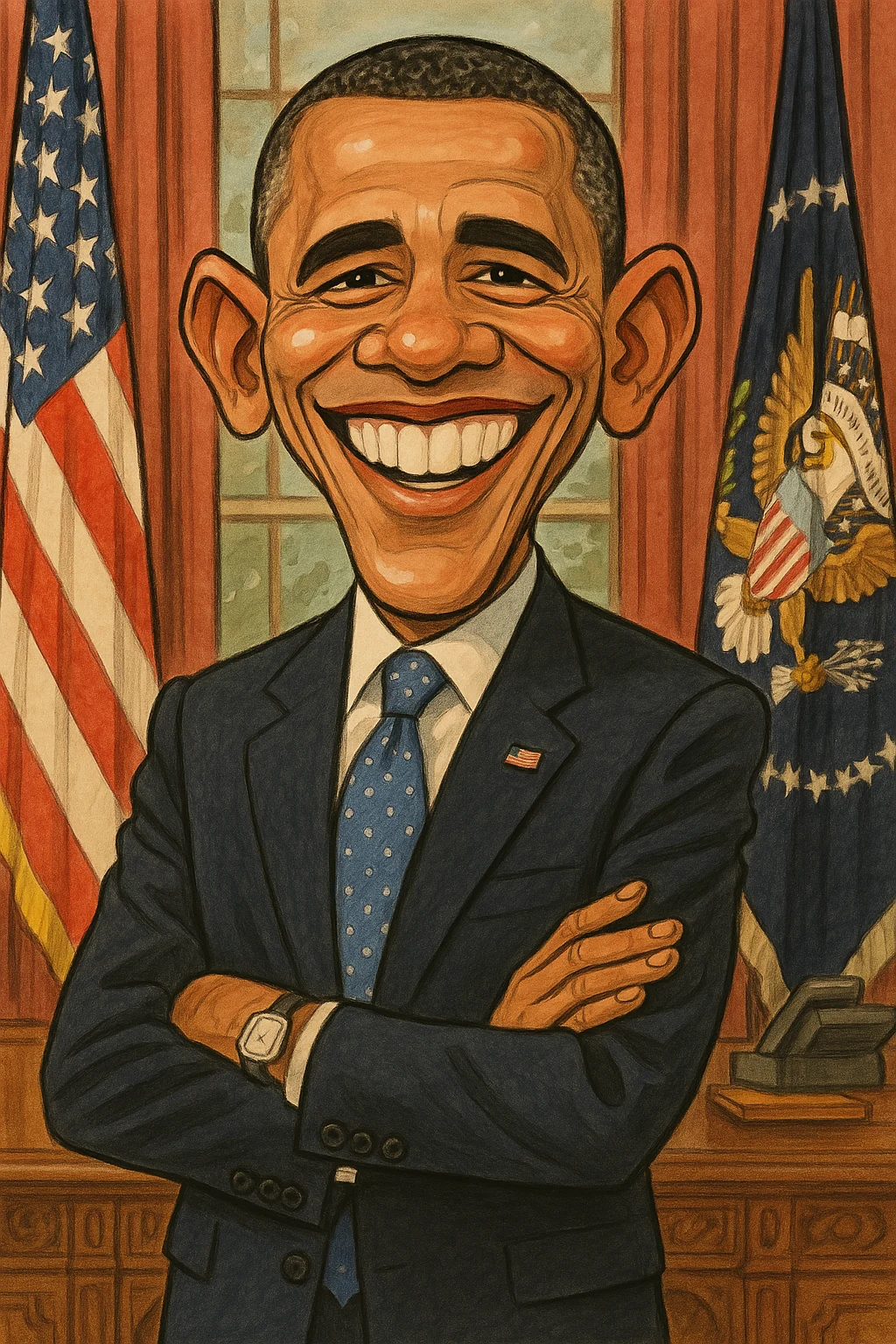 Generated caricature of the Obama portrait described in the article, with an exaggerated smile and facial features.