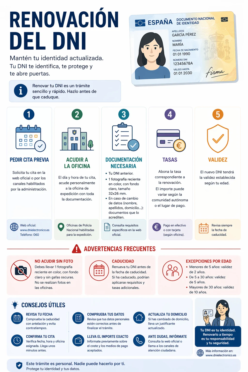 Generated DNI renewal infographic with model-produced requirements, warnings and example identity card.