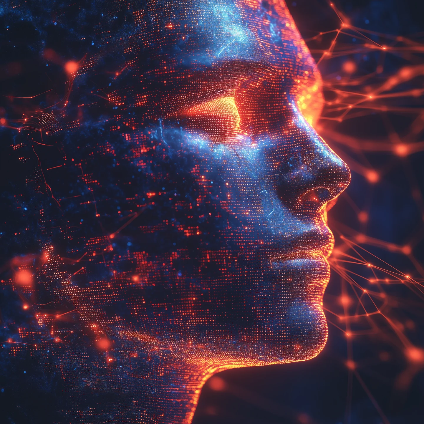 Illustration of a luminous face formed from points of light and interconnected data.